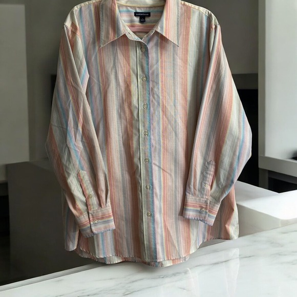Lands' End Long Sleeve 3X Cotton Blend Pastel Striped Button Down Shirt - Picture 2 of 14